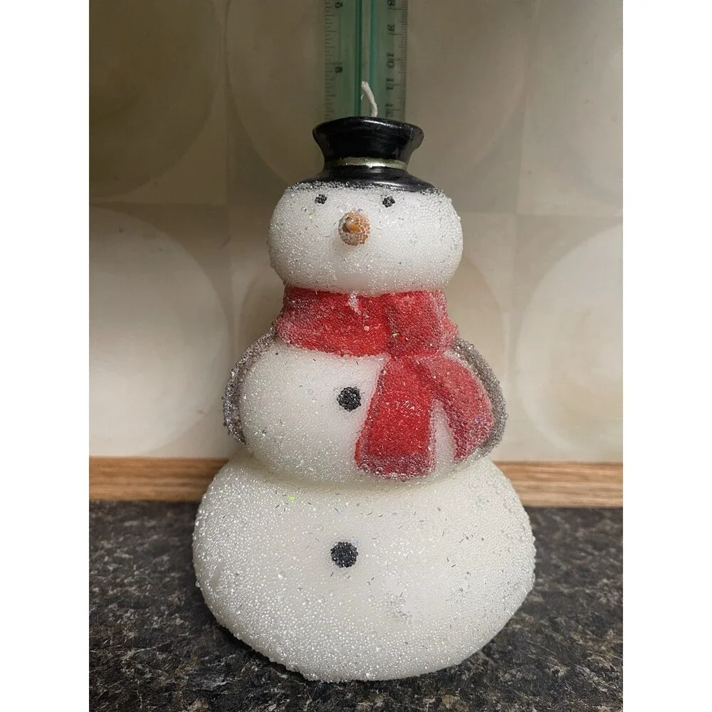 Vintage Pottery Barn 8 inch Glitter Snowman Candle Holidays Christmas whimsy NWT